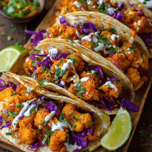 Air Fryer Buffalo Cauliflower Tacos vegan flavorful close-up