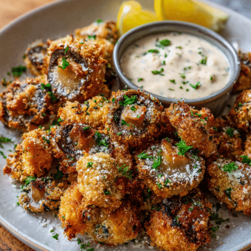 Crispy air fryer frozen battered mushrooms in basket