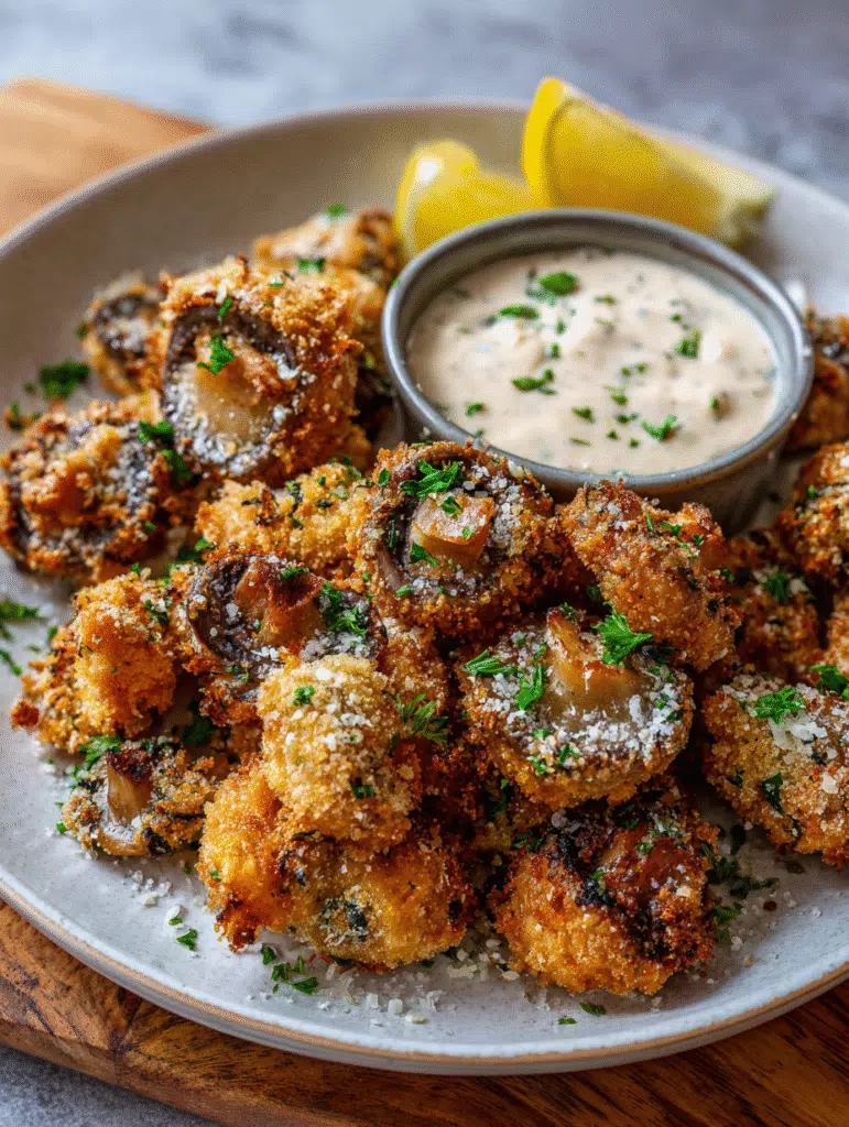 Crispy air fryer frozen battered mushrooms in basket
