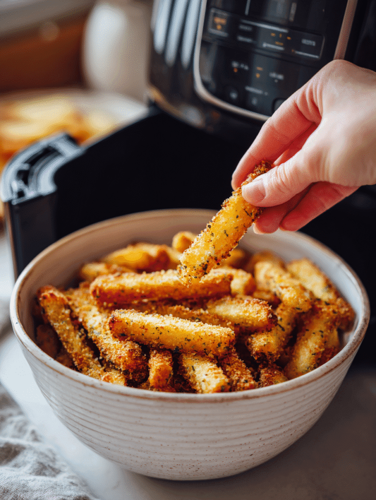 Crispy air fryer frozen veggie fries in a bowl