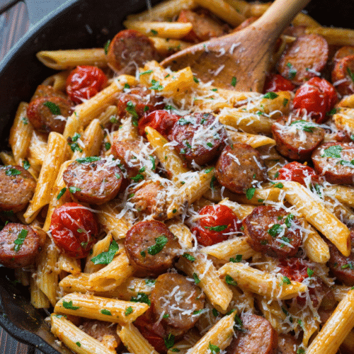 Air Fryer Garlic Butter Sausage Pasta in dish