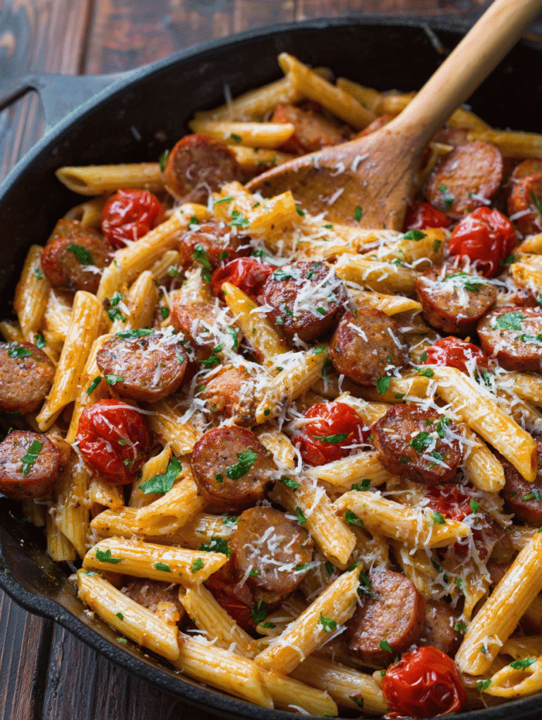 Air Fryer Garlic Butter Sausage Pasta in dish