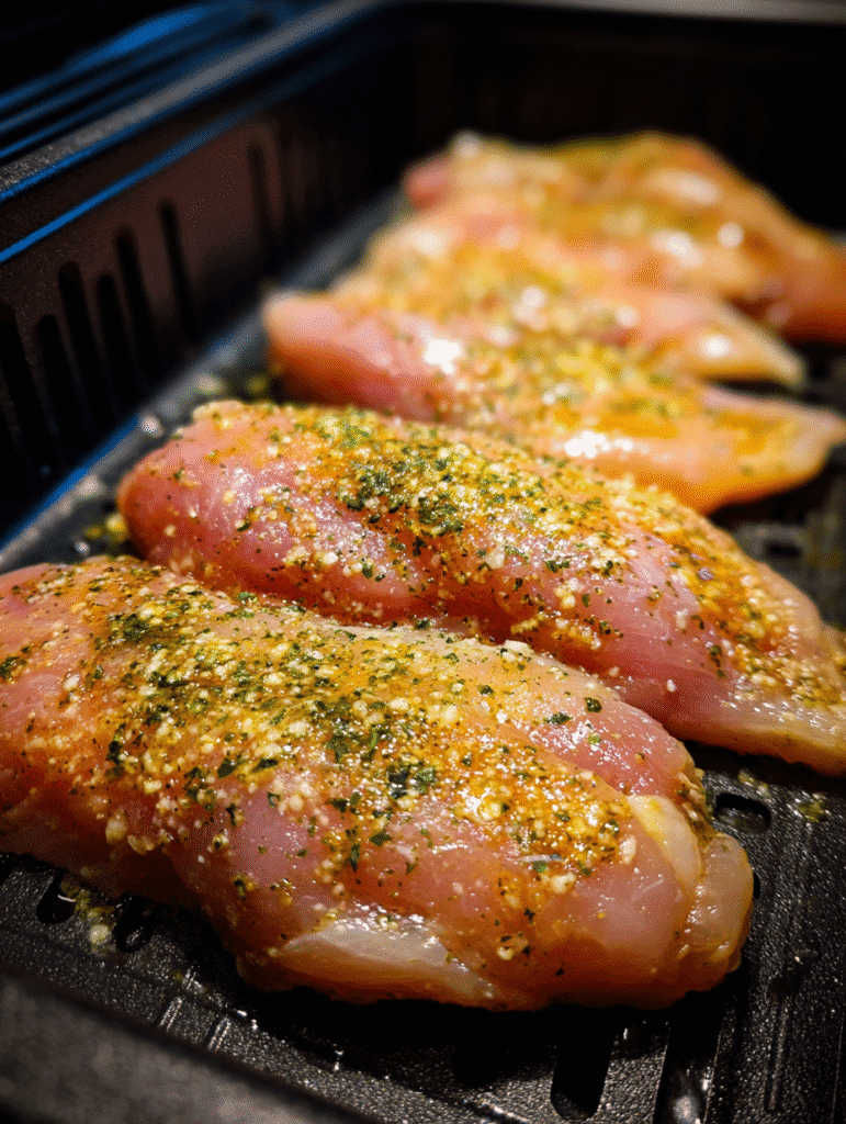 Seasoned chicken tenderloins ready for air fryer