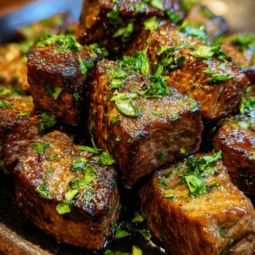 Air Fryer Steak Bites Recipe on rustic plate