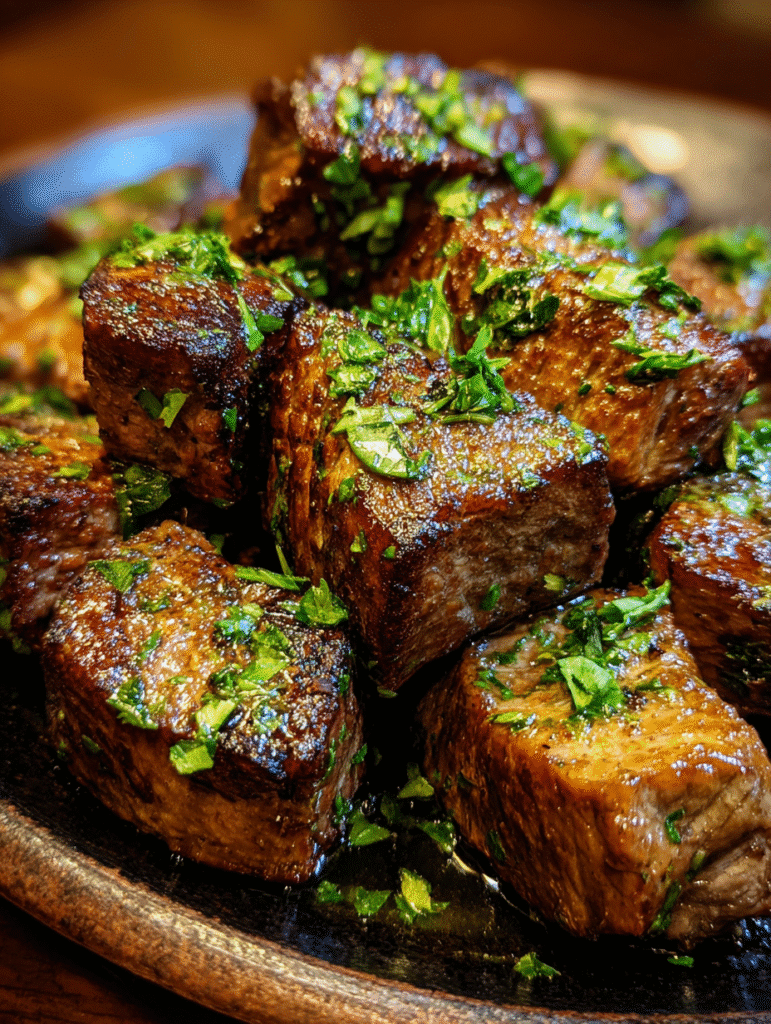 Air Fryer Steak Bites Recipe on rustic plate