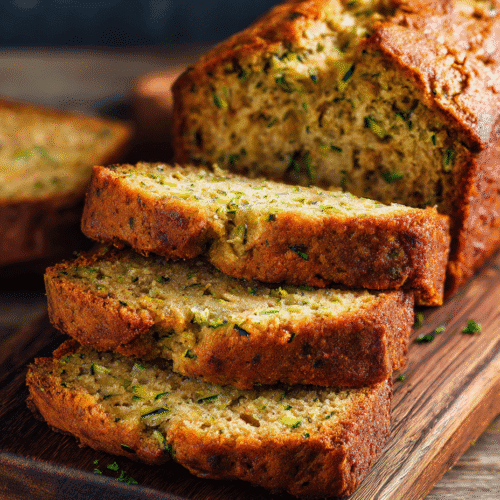 Freshly sliced Air Fryer Zucchini Bread on cutting board