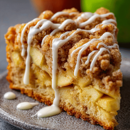 Apple Crumb Cake in air fryer topped with cinnamon apple drizzle