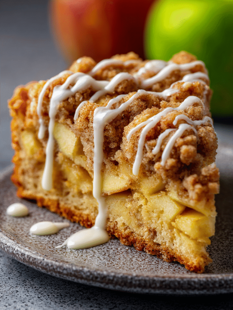 Apple Crumb Cake in air fryer topped with cinnamon apple drizzle