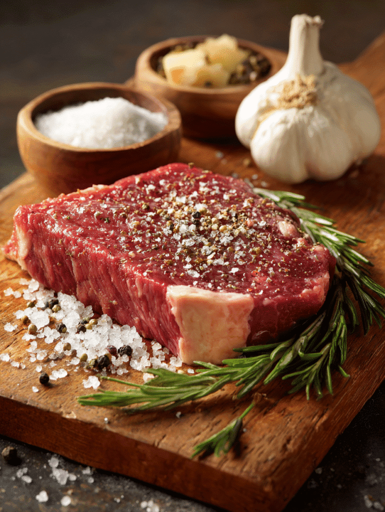 Raw steak on wooden board, seasoned with coarse salt, pepper, and garlic powder.