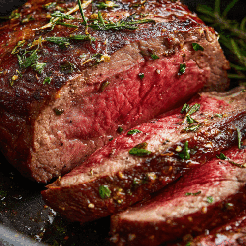 Beef chuck roll steak air fryer recipe sliced and ready to serve