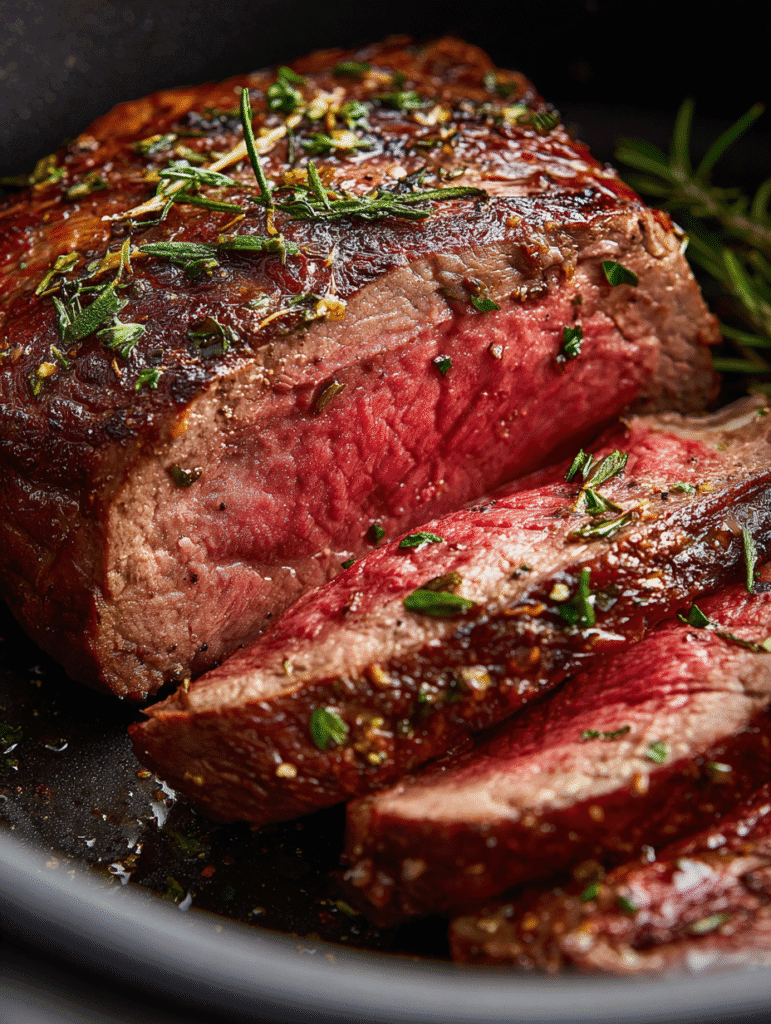 Beef chuck roll steak air fryer recipe sliced and ready to serve