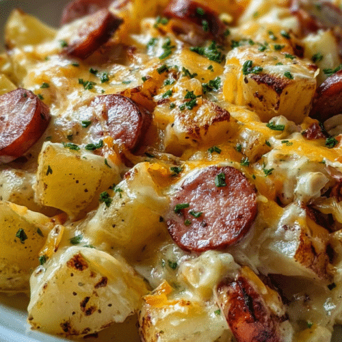 Cheesy Ranch Potatoes and Smoked Sausage in Air Fryer