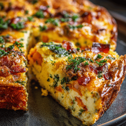 Crack breakfast casserole in air fryer close-up image