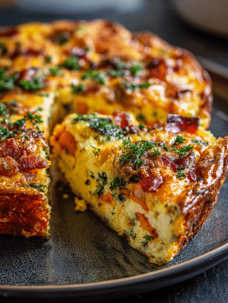 Crack breakfast casserole in air fryer close-up image