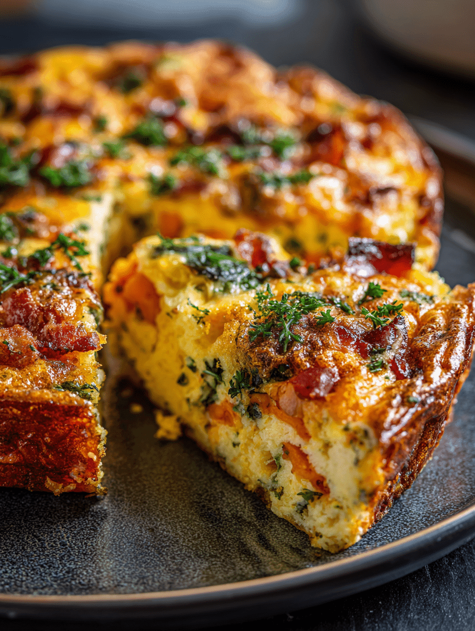 Crack breakfast casserole in air fryer close-up image