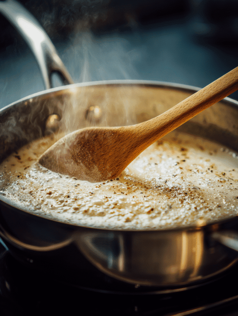 Stirring creamy garlic parmesan sauce