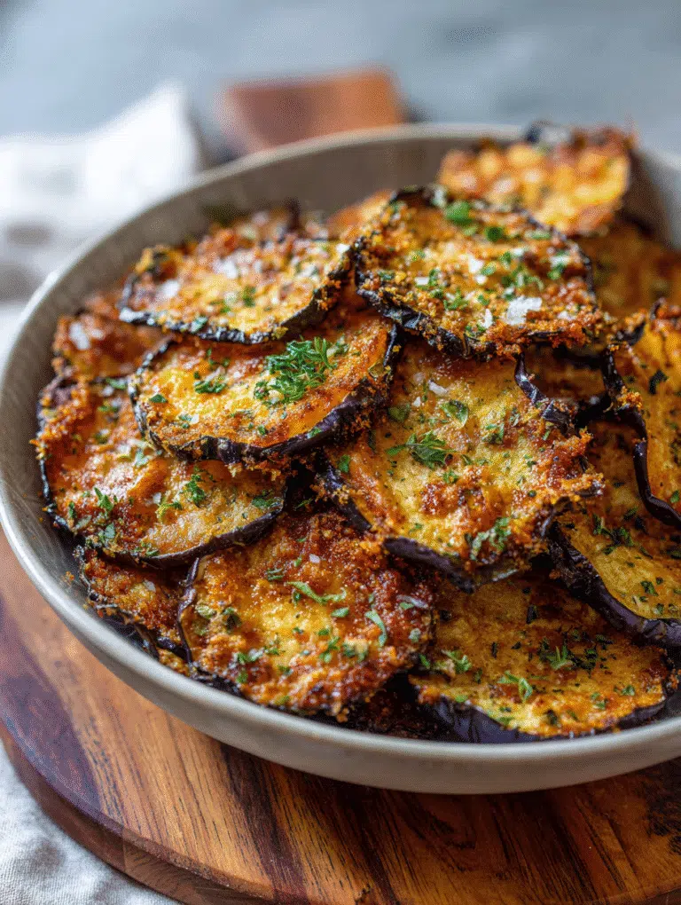 crispy air fryer eggplant chips in a rustic bowl