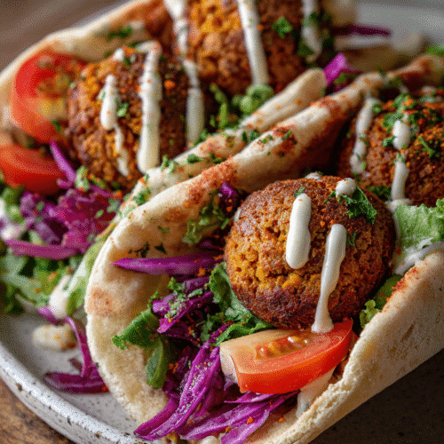 Crispy Air Fryer Falafel served in pita bread with tahini sauce