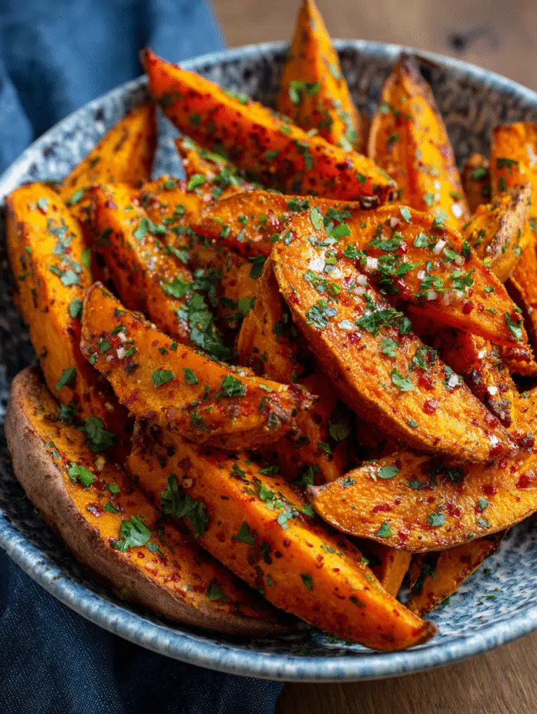 Crispy Air Fryer Sweet Potato Wedges with Garlic and Herbs
