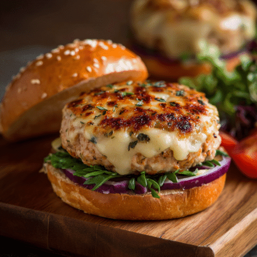 Frozen turkey burger in air fryer cooking close-up