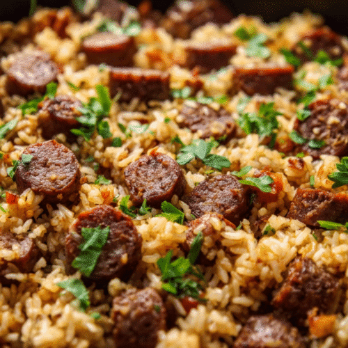 Ground sausage and rice skillet in air fryer freshly cooked