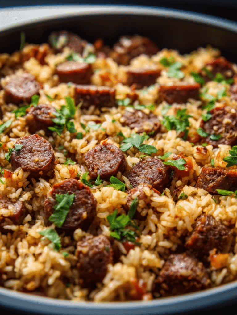 Ground sausage and rice skillet in air fryer freshly cooked