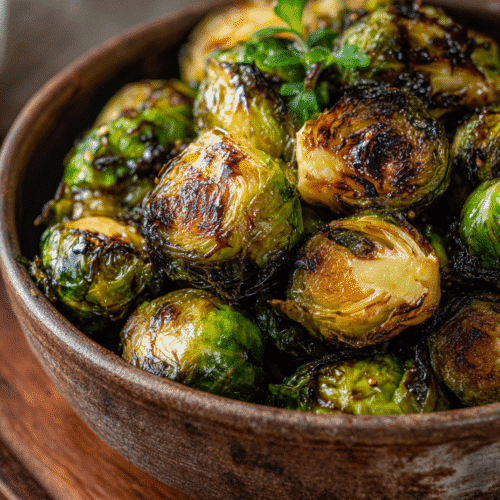 Healthy side dish crispy air fryer Brussels sprouts with honey balsamic glaze