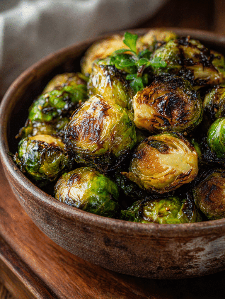 Healthy side dish crispy air fryer Brussels sprouts with honey balsamic glaze