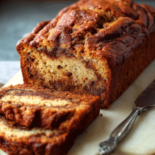 Close-up of homemade cinnamon swirl banana bread slice