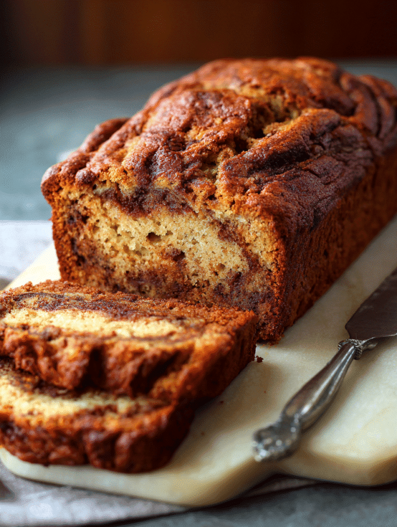 Close-up of homemade cinnamon swirl banana bread slice