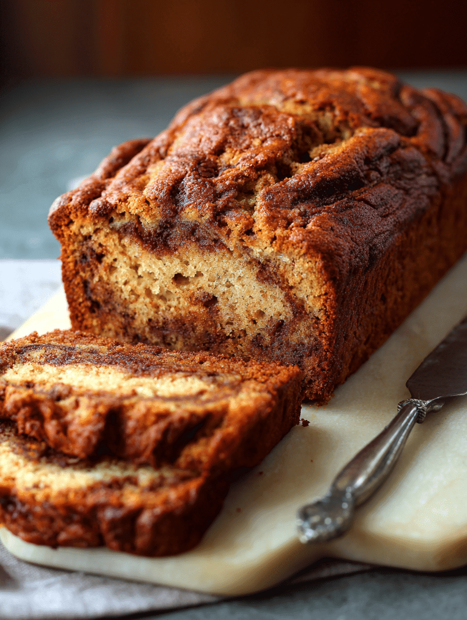Close-up of homemade cinnamon swirl banana bread slice