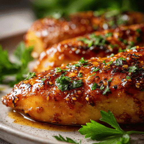 Honey garlic chicken breasts in air fryer glazed with sticky sauce
