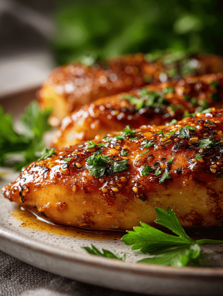 Honey garlic chicken breasts in air fryer glazed with sticky sauce