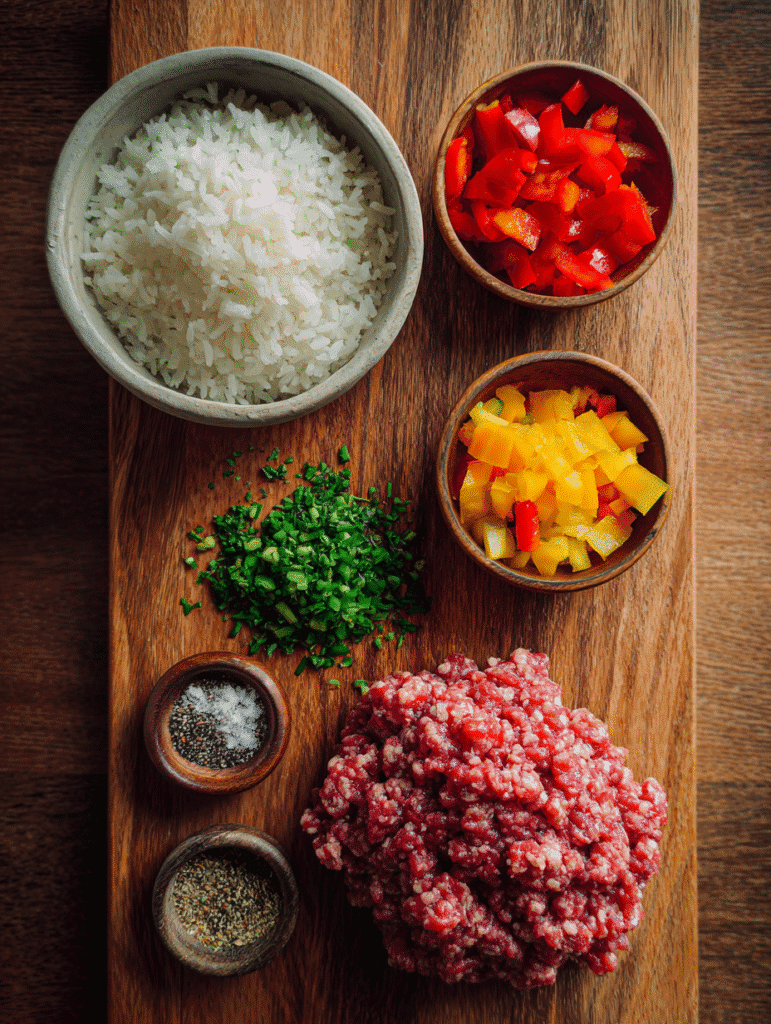 Ingredients for ground sausage and rice skillet in air fryer