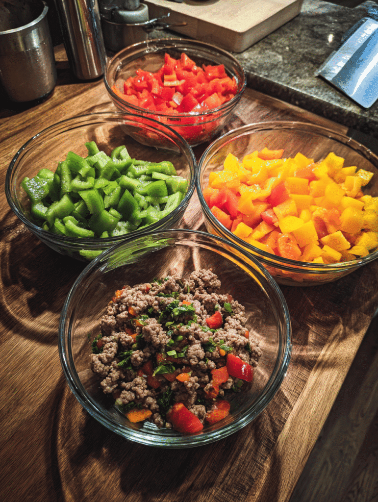 Prepping sausage filling for bell peppers