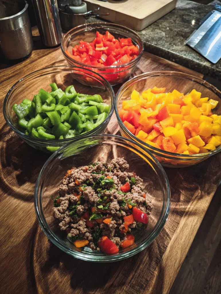 Prepping sausage filling for bell peppers