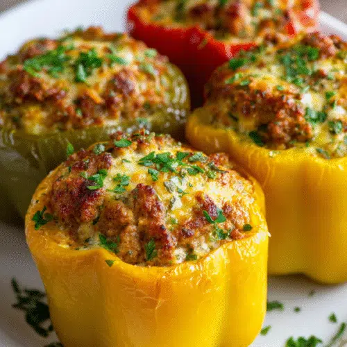 Air fryer sausage-stuffed bell peppers with melted cheese