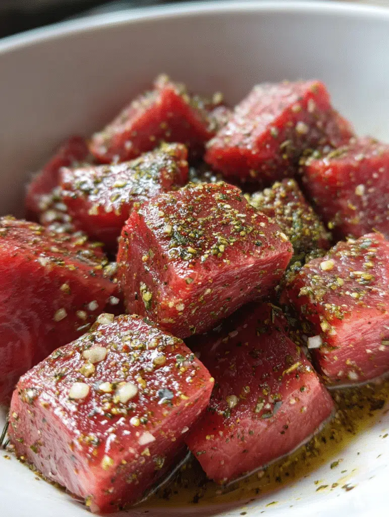 Raw steak cubes seasoned for air fryer steak bites recipe