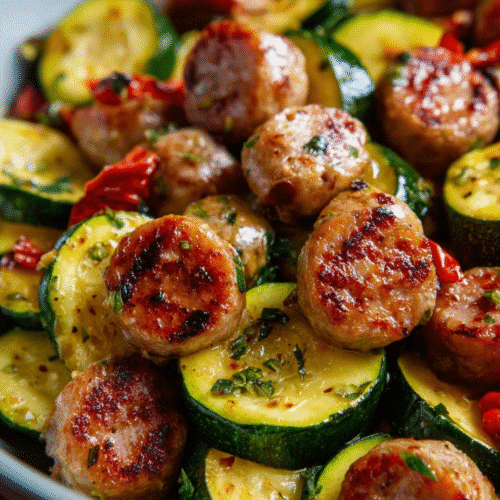 Skillet sausage and zucchini in air fryer cooking perfectly crispy