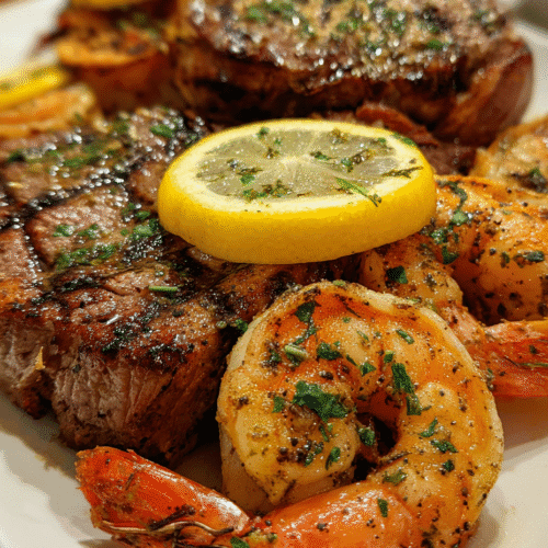 Surf and Turf in Air Fryer plated with steak and shrimp
