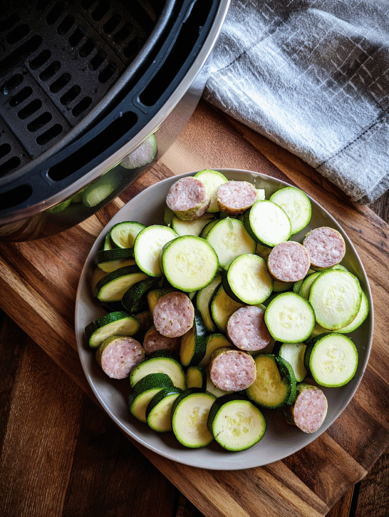 Preparing sausage and zucchini for air fryer recipe