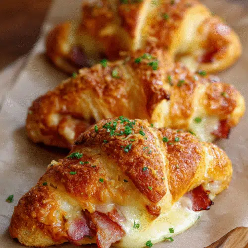 Flaky golden Air Fryer Ham and Cheese Croissants fresh from the basket