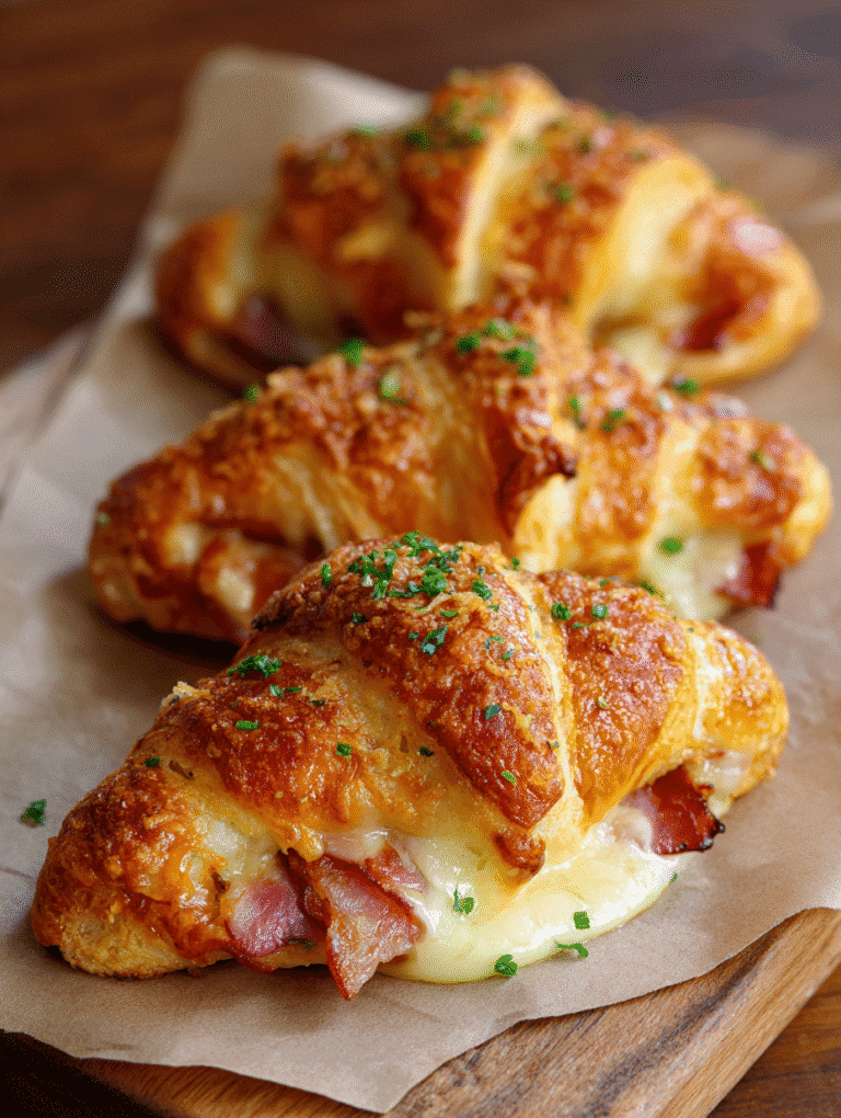 Flaky golden Air Fryer Ham and Cheese Croissants fresh from the basket
