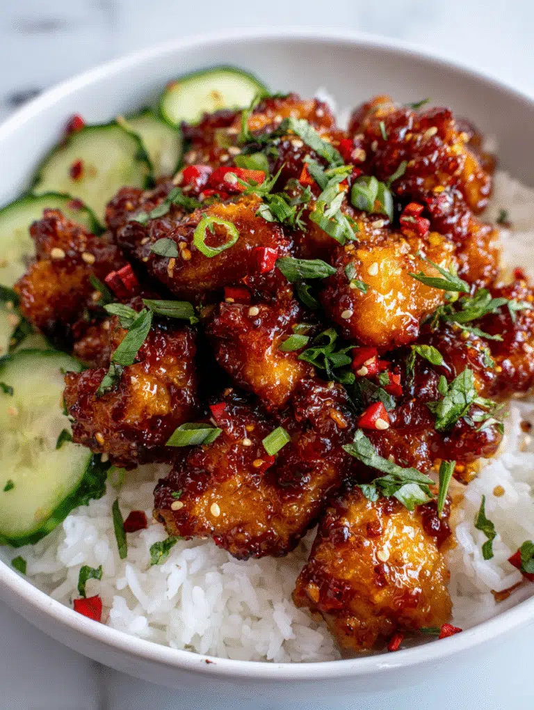 Crispy Sweet Chili Chicken Recipe served in a bowl with sesame seeds and green onions.