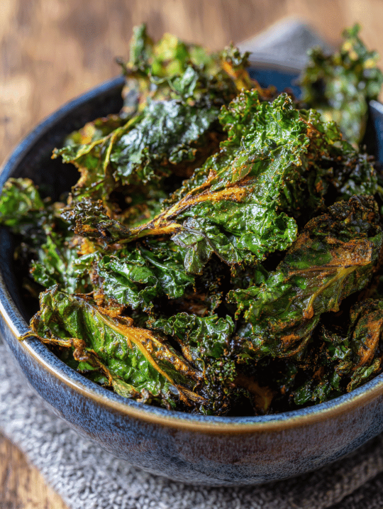 Air Fryer Kale Chips in a bowl with ultra-crispy edges
