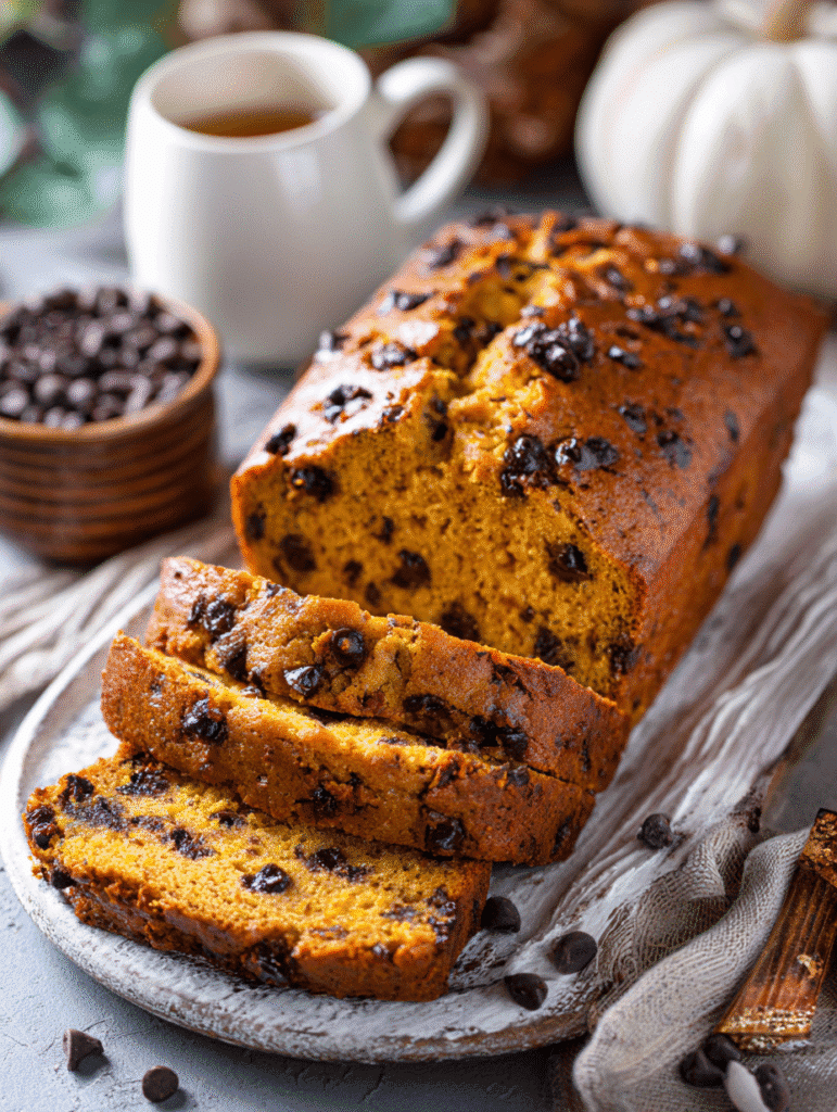 Air Fryer Pumpkin Chocolate Chip Bread fresh loaf with chocolate chips