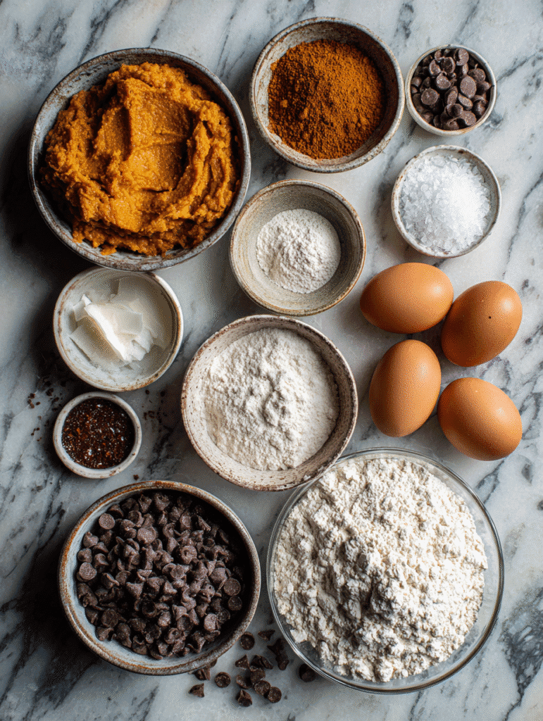 Ingredients for Air Fryer Pumpkin Chocolate Chip Bread on counter