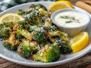 crispy air fryer broccoli served with parmesan and lemon