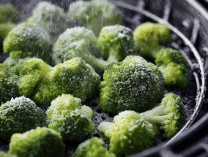 frozen broccoli in air fryer sprayed with olive oil