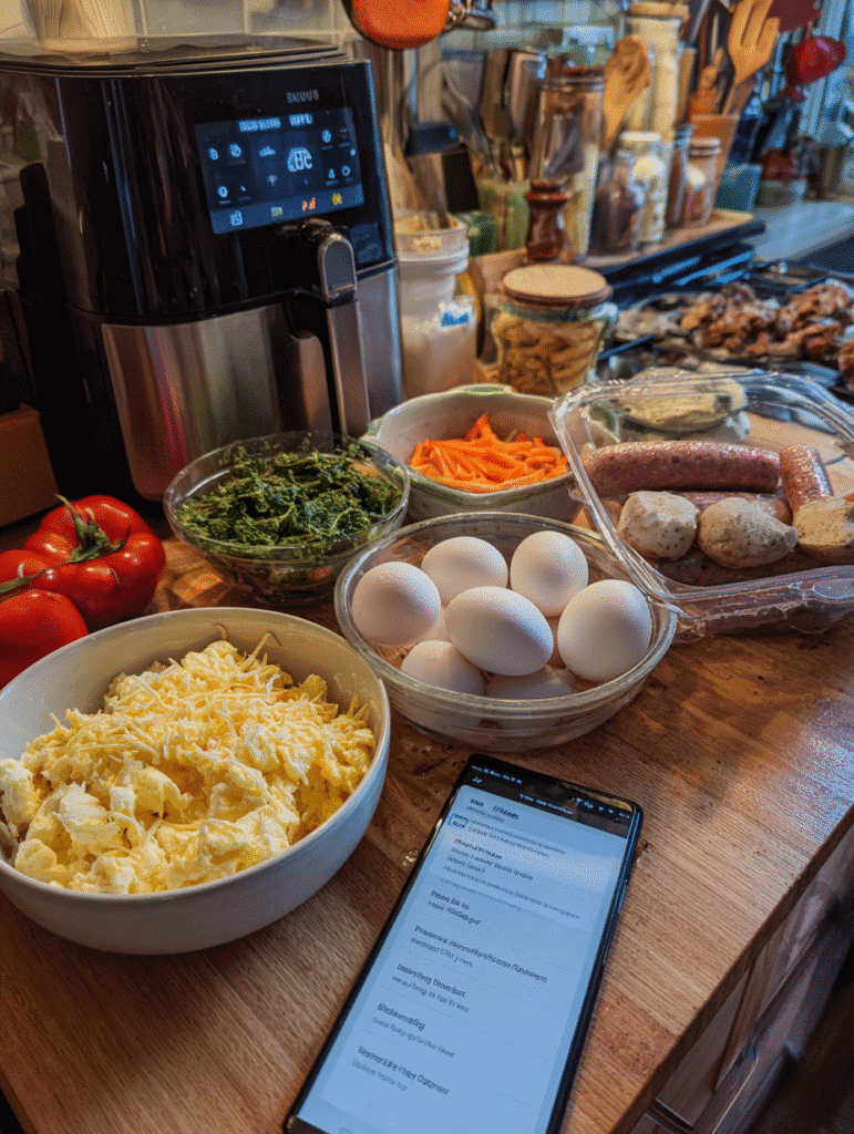 Ingredients for Make-Ahead Scrambled Egg Muffins in air fryer